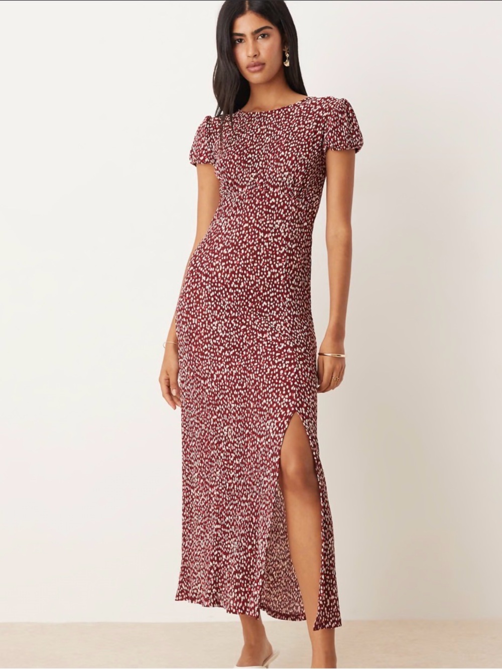 Mango Floral Puff Sleeve Pleated Maxi Dress Burgundy Size Medium